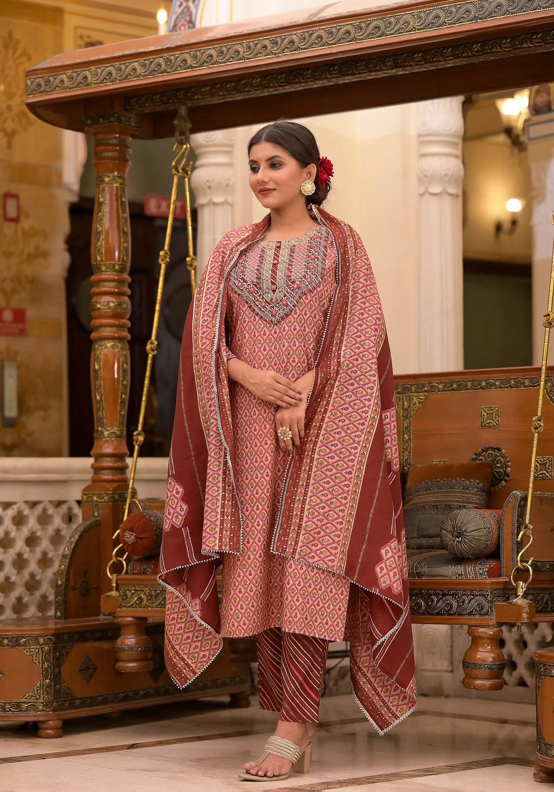 Regal Maroon & Beige Printed Kurta Set