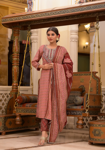 Regal Maroon & Beige Printed Kurta Set