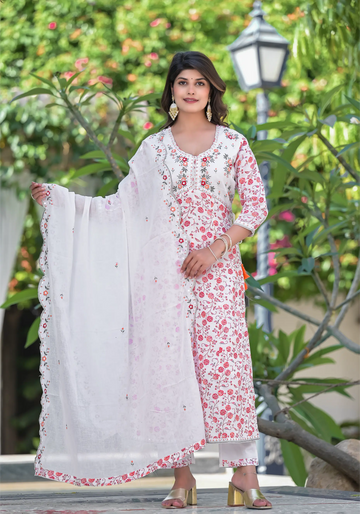 Blossom Charm: White & Pink Floral Anarkali Set