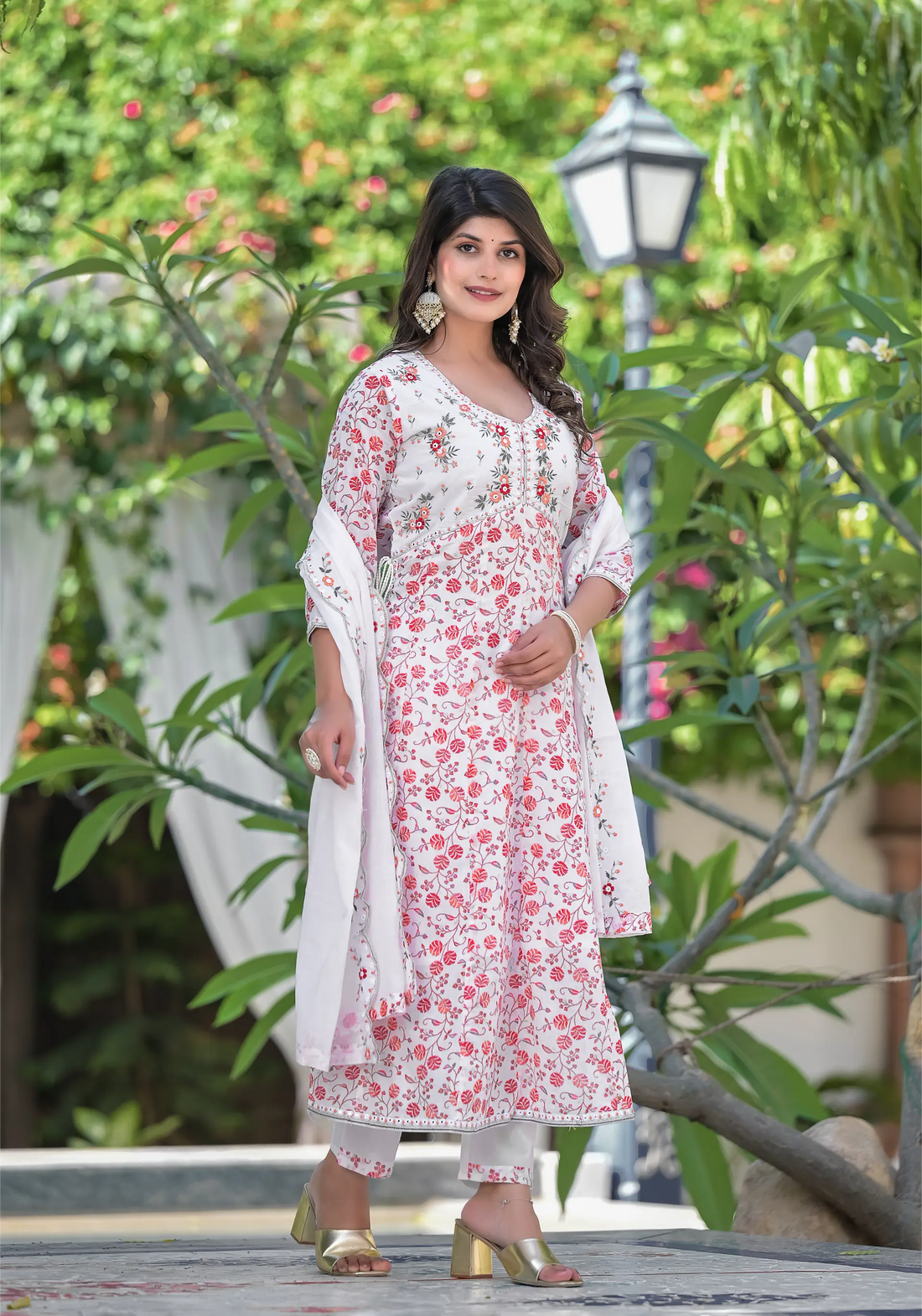 Blossom Charm: White & Pink Floral Anarkali Set