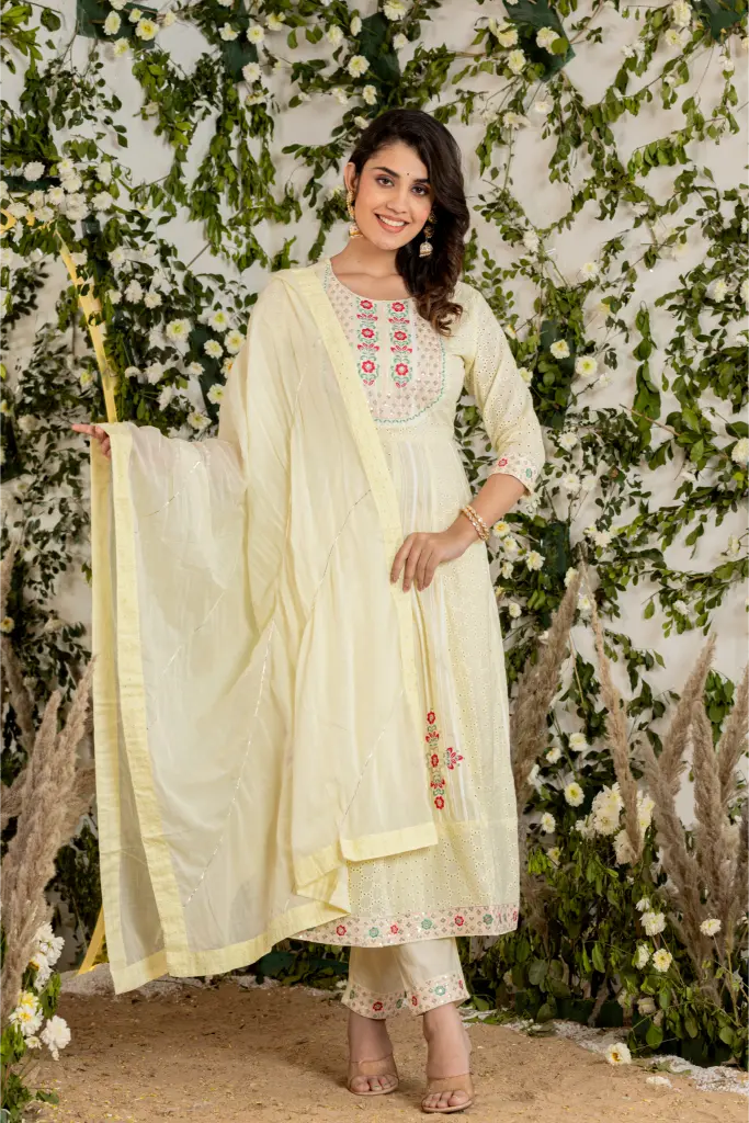 Floral Grace: Yellow Embroidered Luxury Anarkali Set