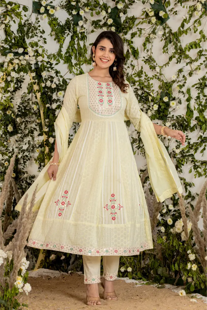 Floral Grace: Yellow Embroidered Luxury Anarkali Set