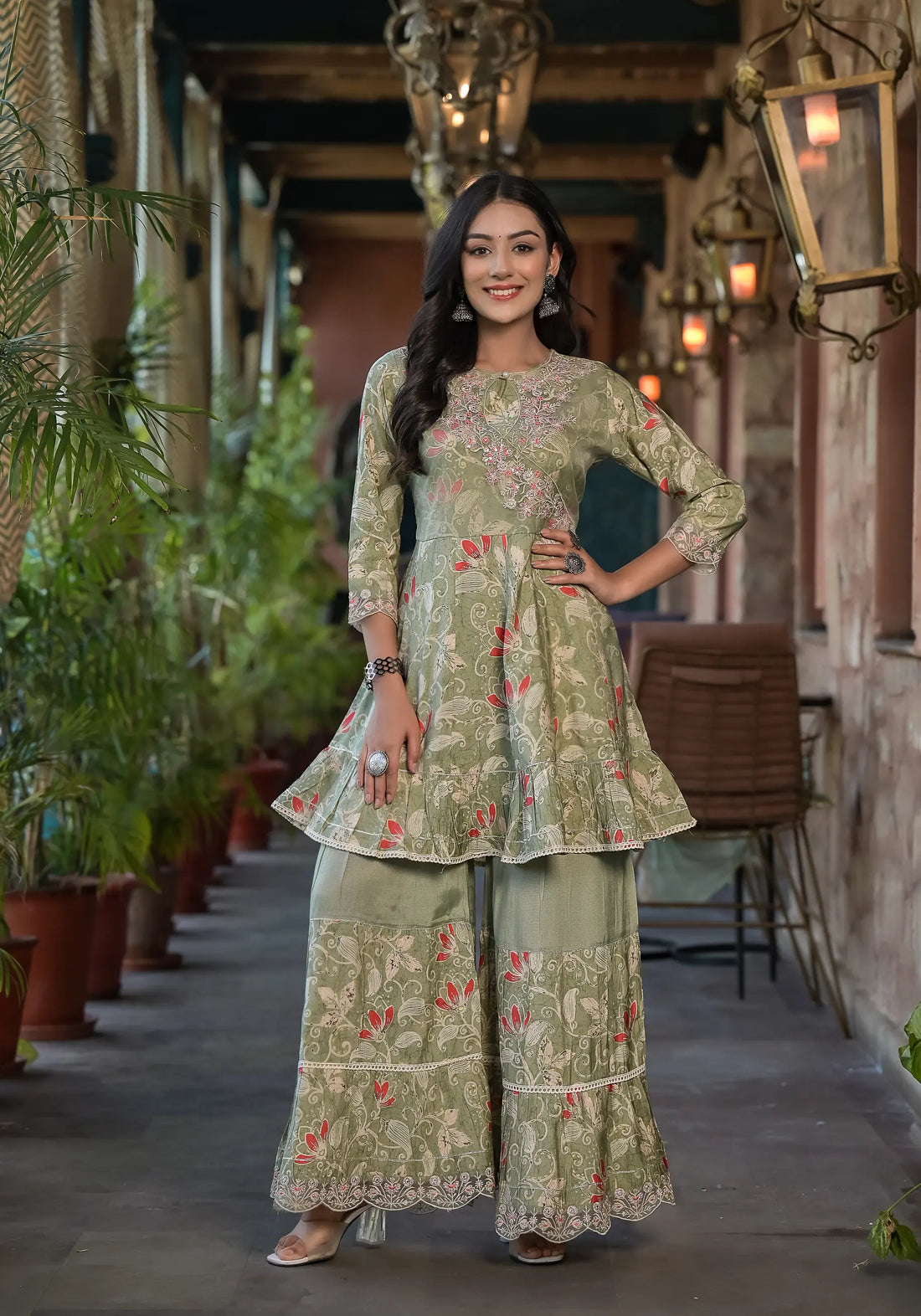 Green Stylist Embroidery Luxury Sharara Set