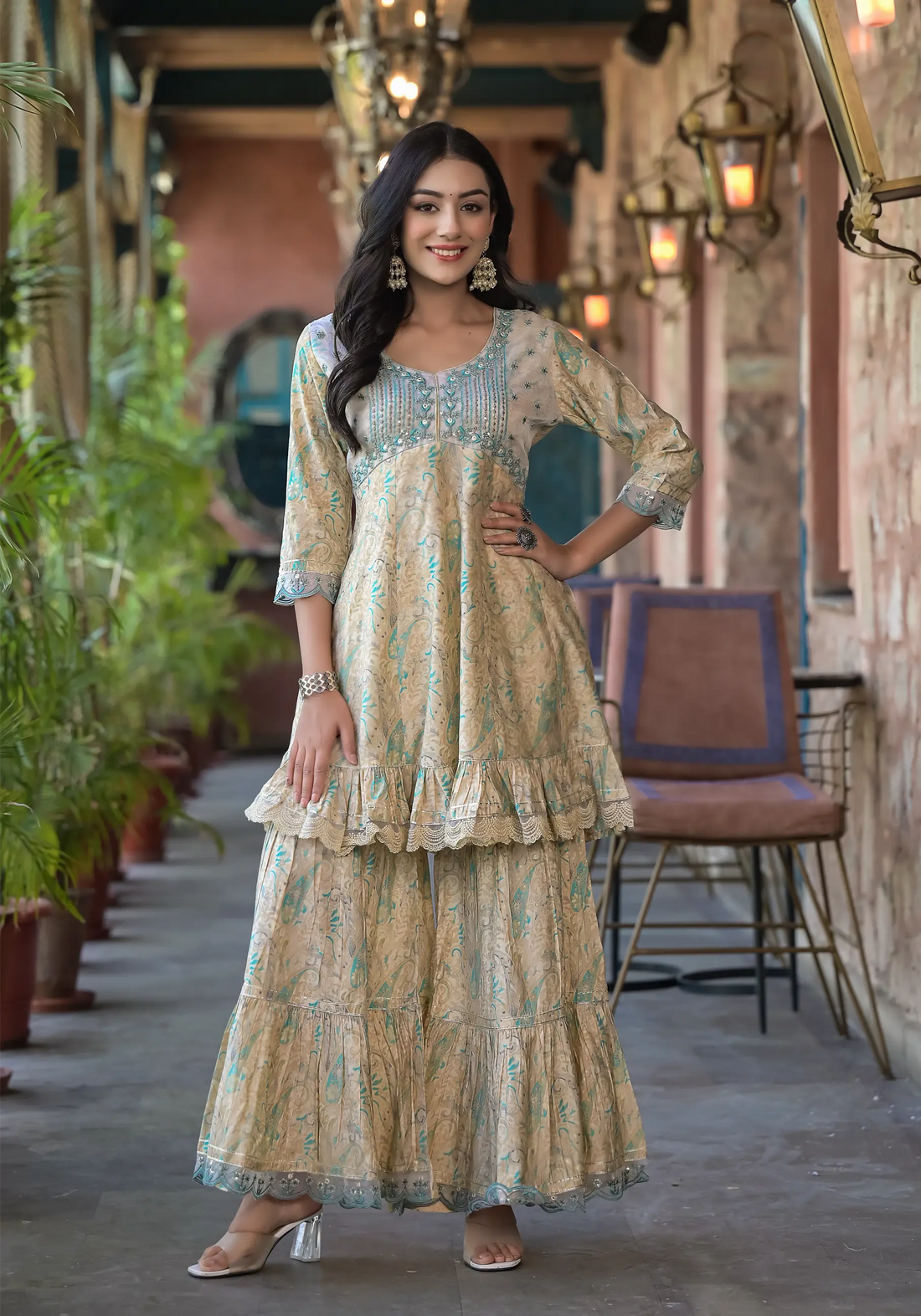 Light Blue Stylist Embroidery Luxury Sharara Set