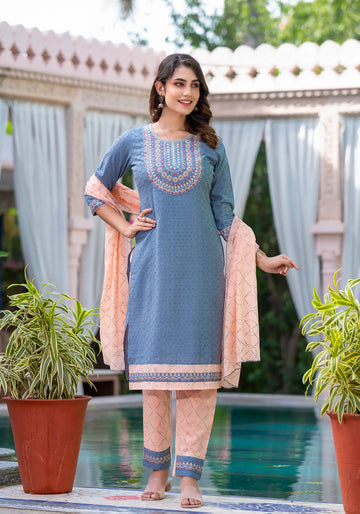 Elegant Blue & Peach Embroidered Kurta Set