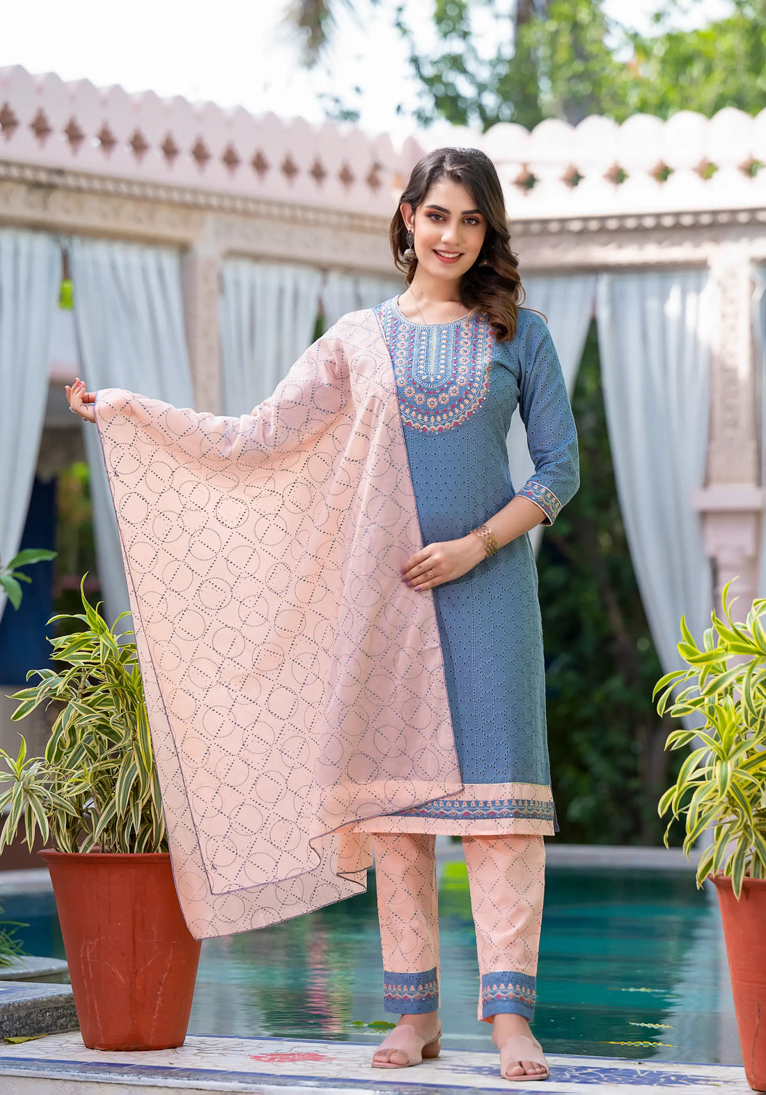 Elegant Blue & Peach Embroidered Kurta Set