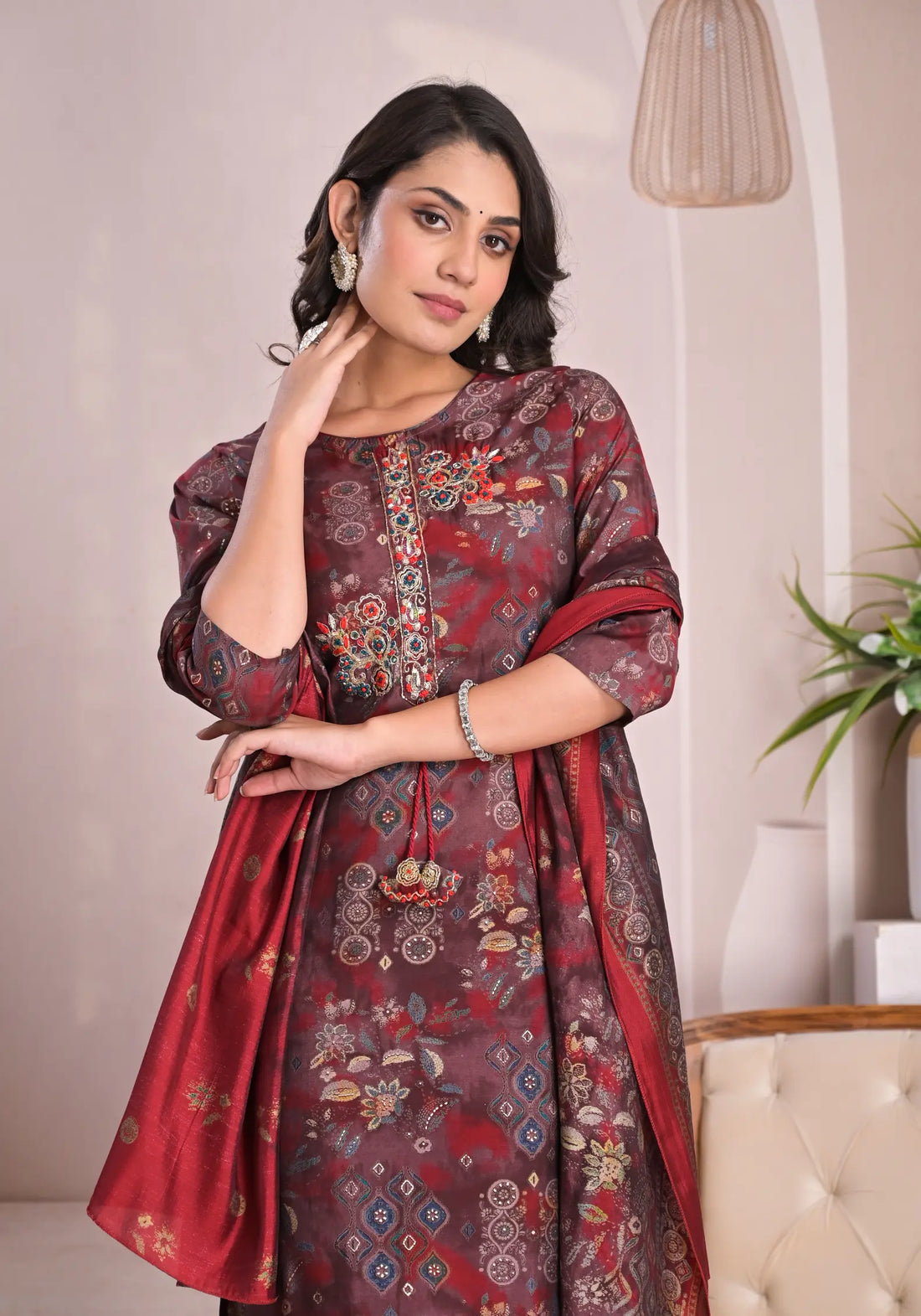 Ruby Maroon Floral Kurta Set