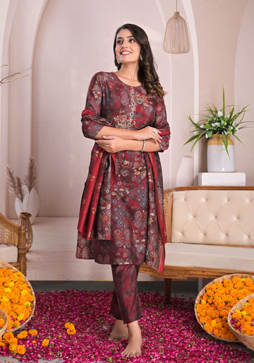 Ruby Maroon Floral Kurta Set