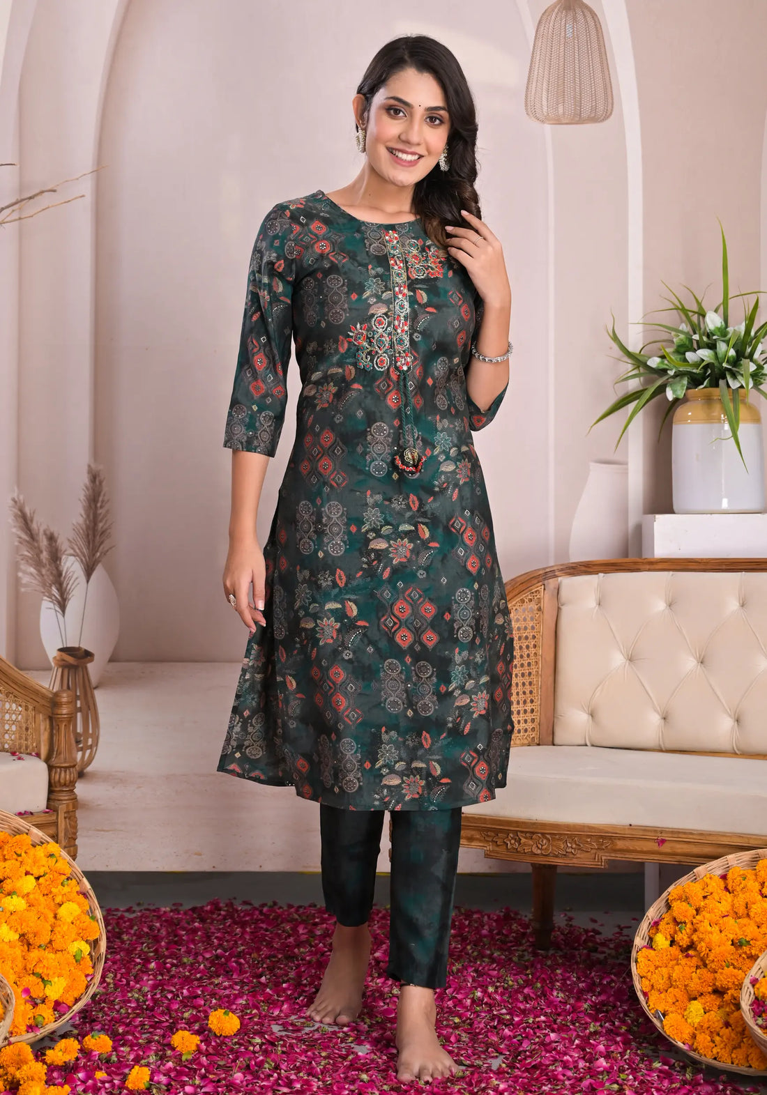 Emerald Green Floral Kurta Set