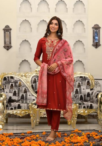 Crimson Red Embroidered Roman Silk Set