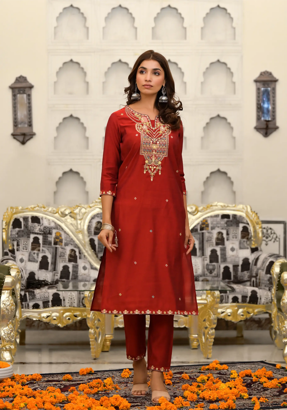 Crimson Red Embroidered Roman Silk Set