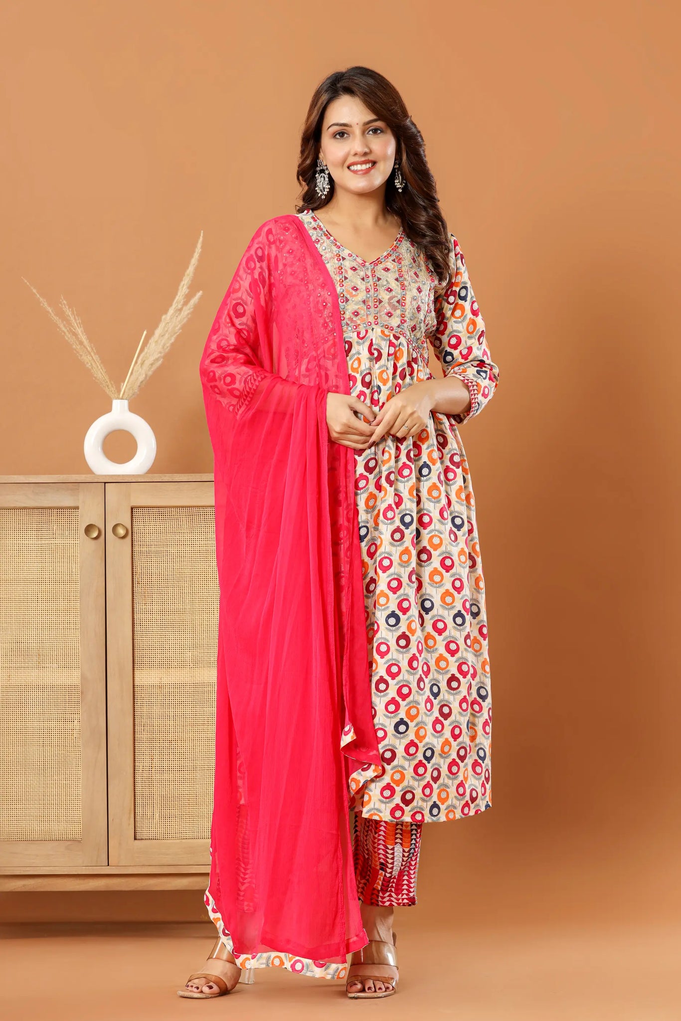 Pink Printed Nayra Kurta Set with Red Dupatta