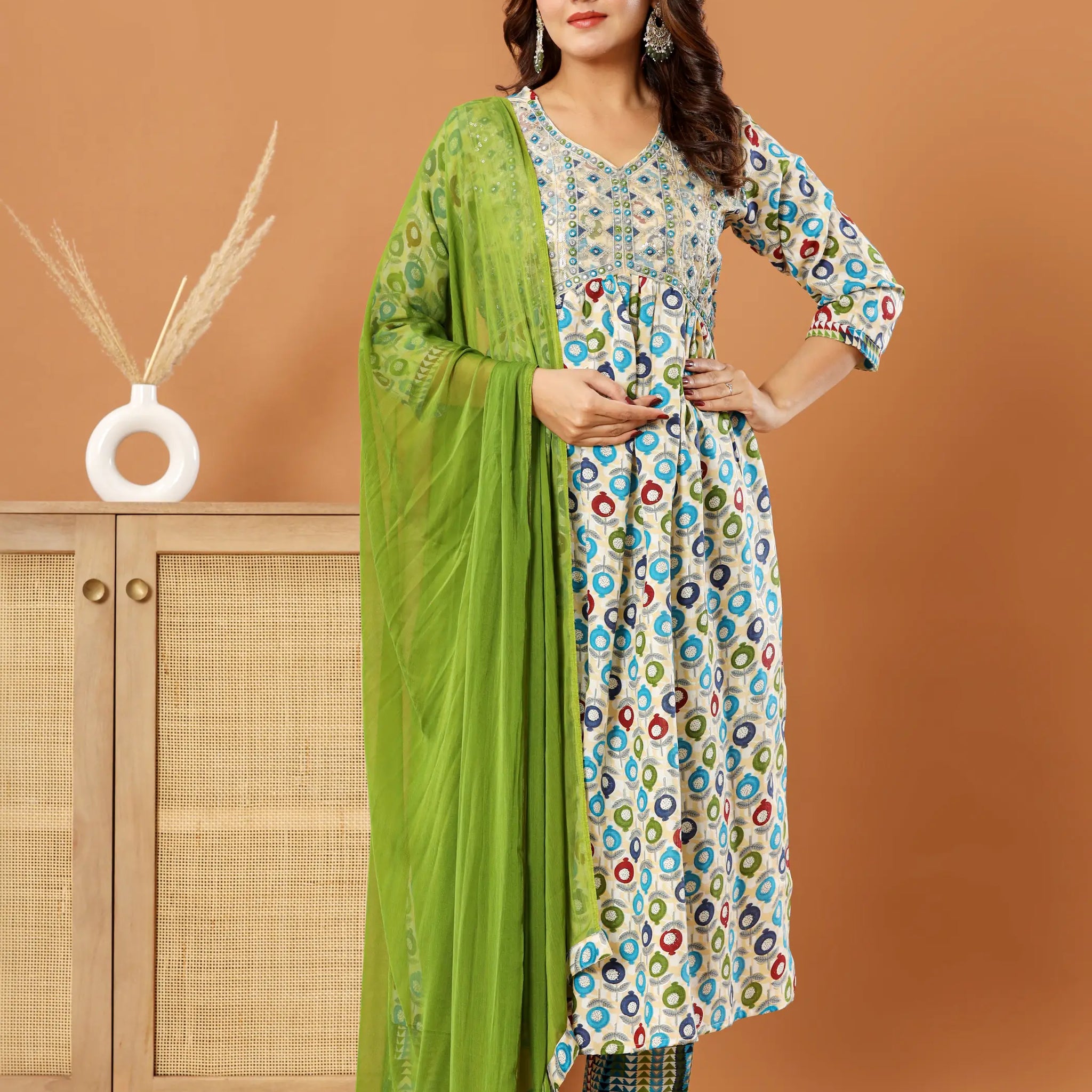 Green Printed Nayra Kurta Set with Green Dupatta