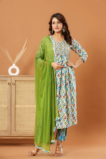 Green Printed Nayra Kurta Set with Green Dupatta