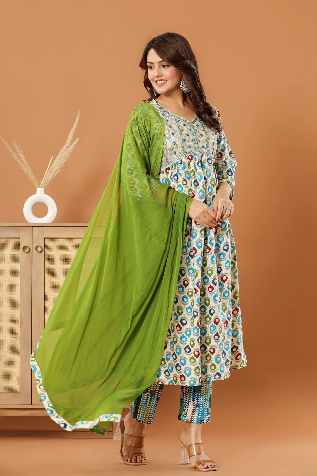 Green Printed Nayra Kurta Set with Green Dupatta