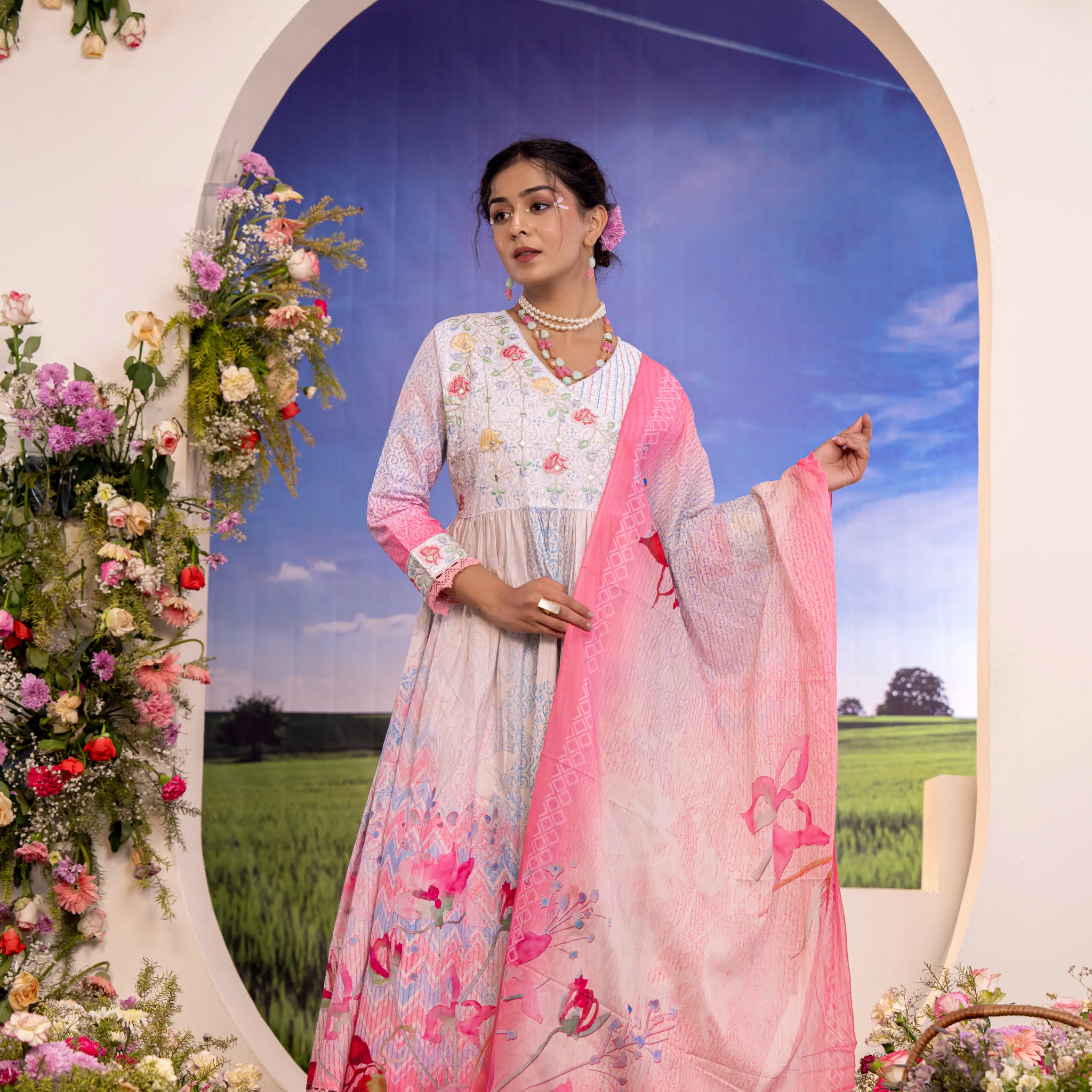 Dreamy Pastels: Pink & White Floral Luxury Anarkali Set