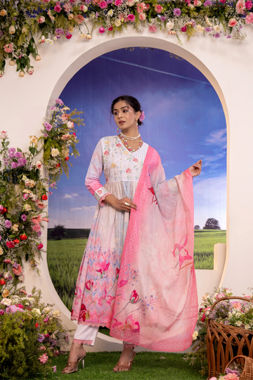 Dreamy Pastels: Pink & White Floral Luxury Anarkali Set