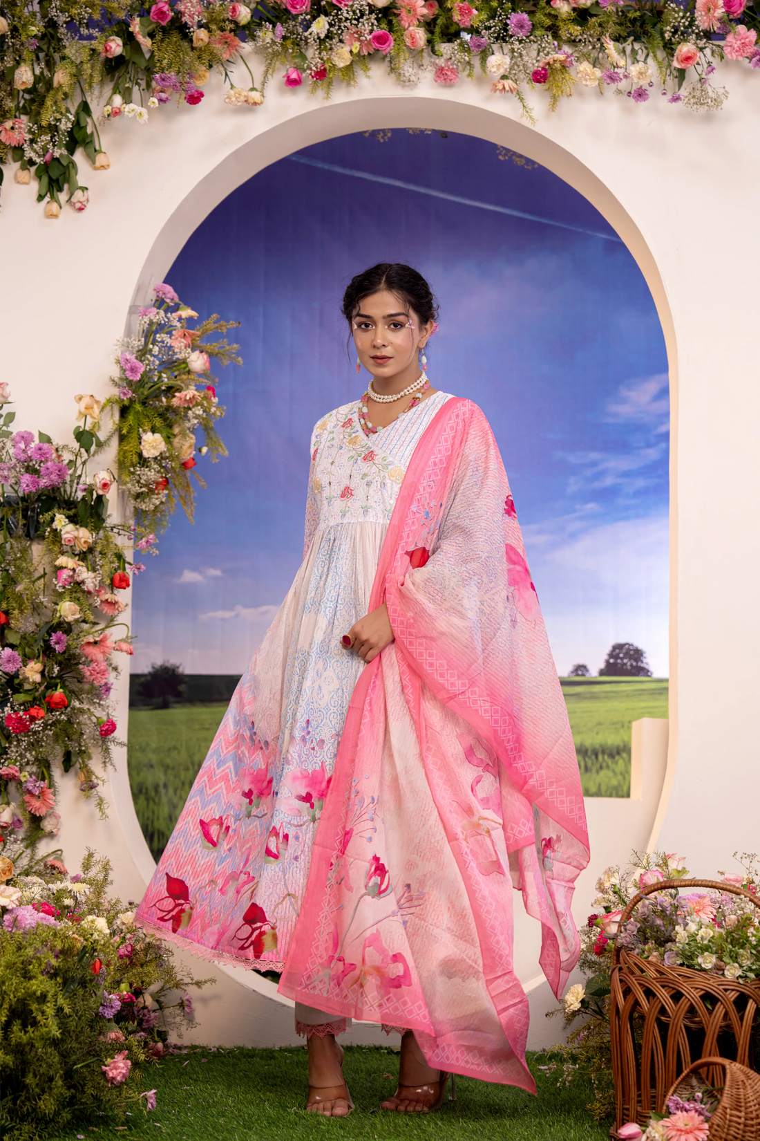 Dreamy Pastels: Pink & White Floral Luxury Anarkali Set