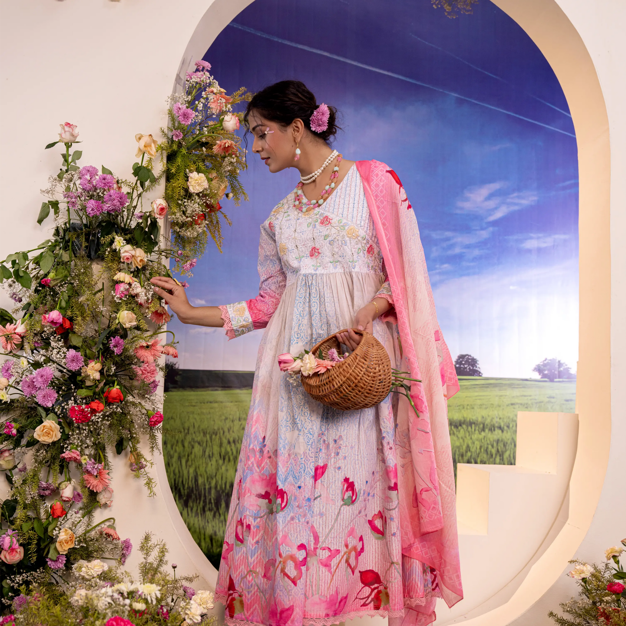 Dreamy Pastels: Pink & White Floral Luxury Anarkali Set