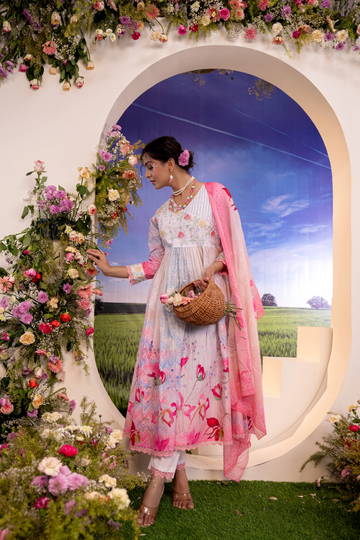 Dreamy Pastels: Pink & White Floral Luxury Anarkali Set