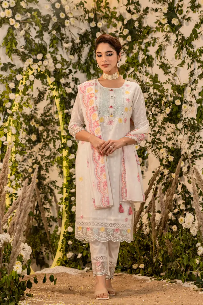 White Straight Stylist Kurta Set with Dupatta