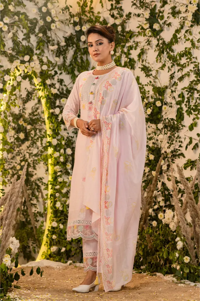 White Pink Straight Stylist Kurta Set with Dupatta