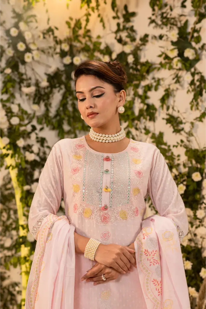 White Pink Straight Stylist Kurta Set with Dupatta