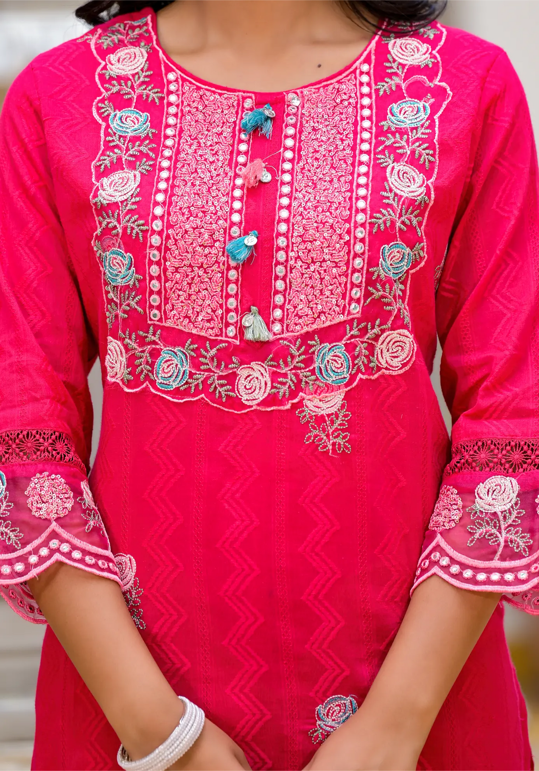 Rani Pink Straight Stylist Kurta Set with Dupatta