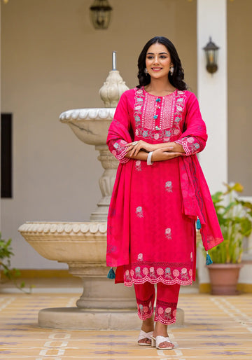 Rani Pink Straight Stylist Kurta Set with Dupatta