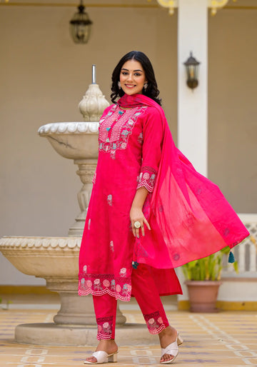 Rani Pink Straight Stylist Kurta Set with Dupatta