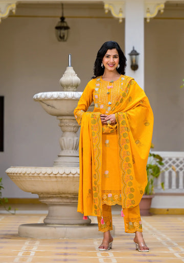 Mustard Yellow Straight Stylist Kurta Set with Dupatta