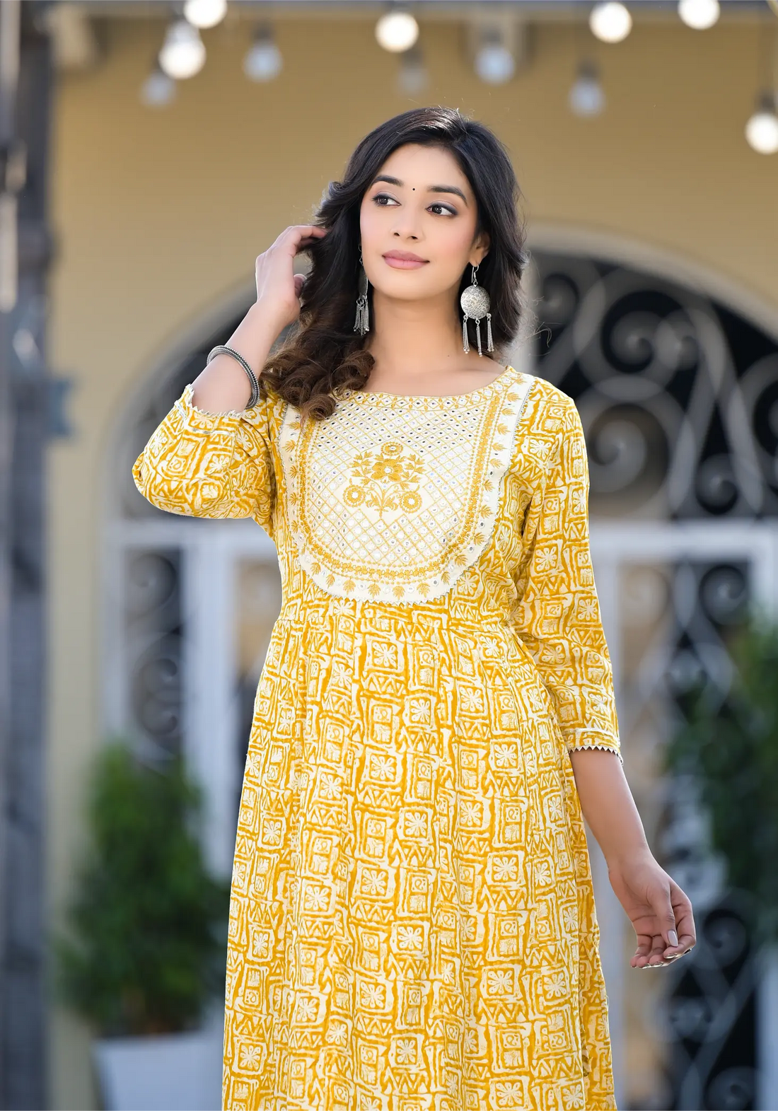 Yellow Floral Bottom Knee Embroidery Gown