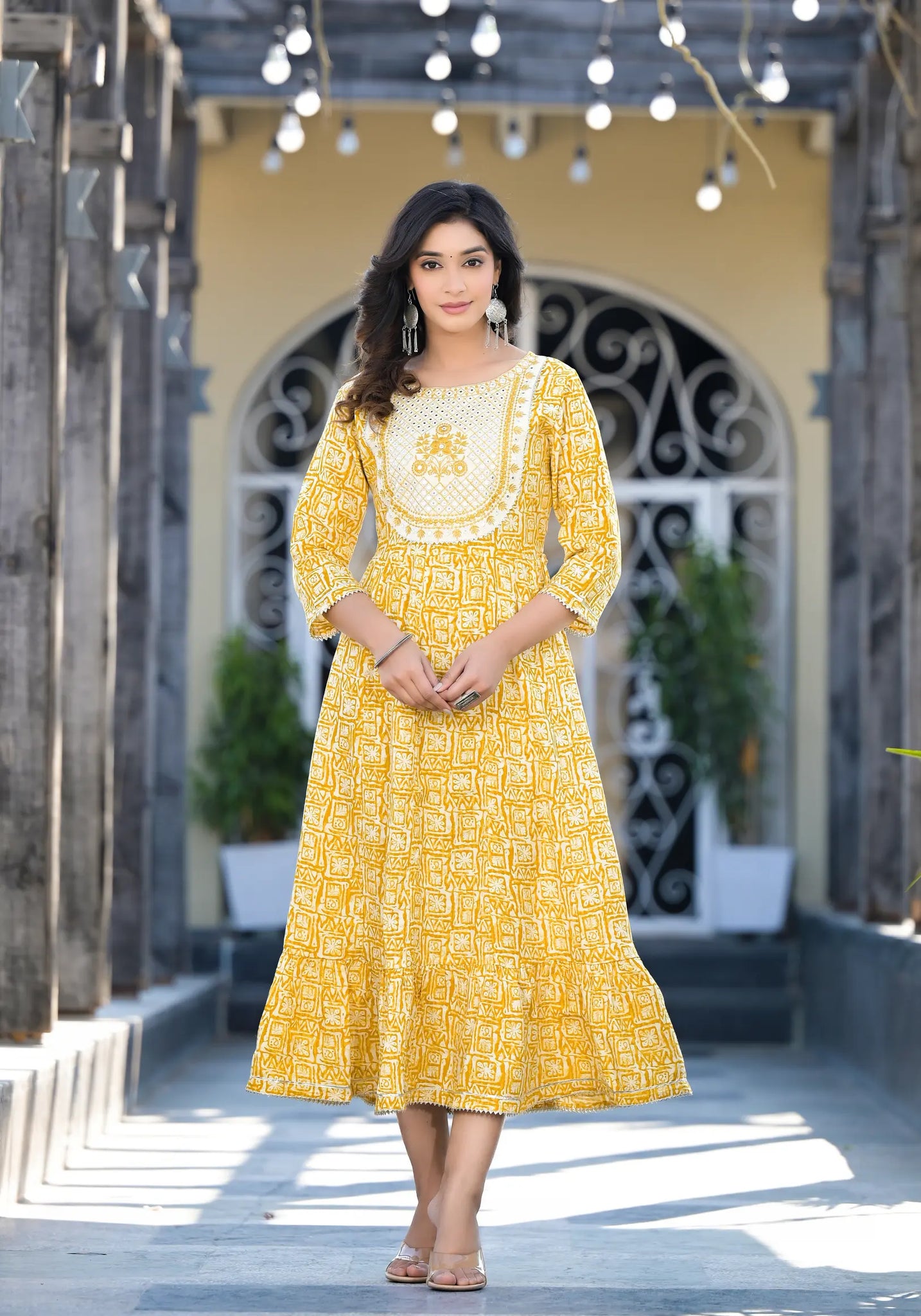 Yellow Floral Bottom Knee Embroidery Gown