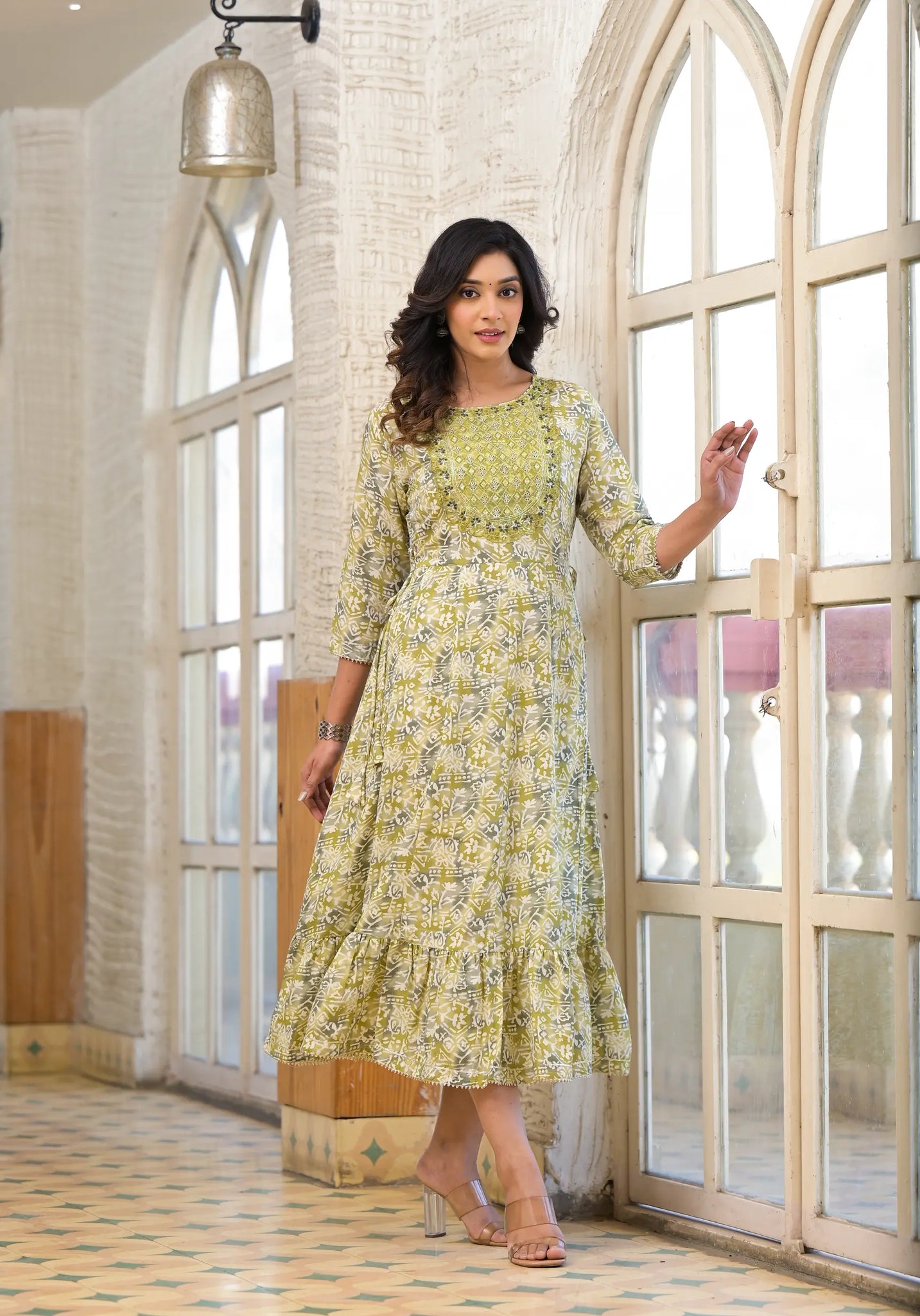 Light Green Bottom Knee Designer Printed Gown