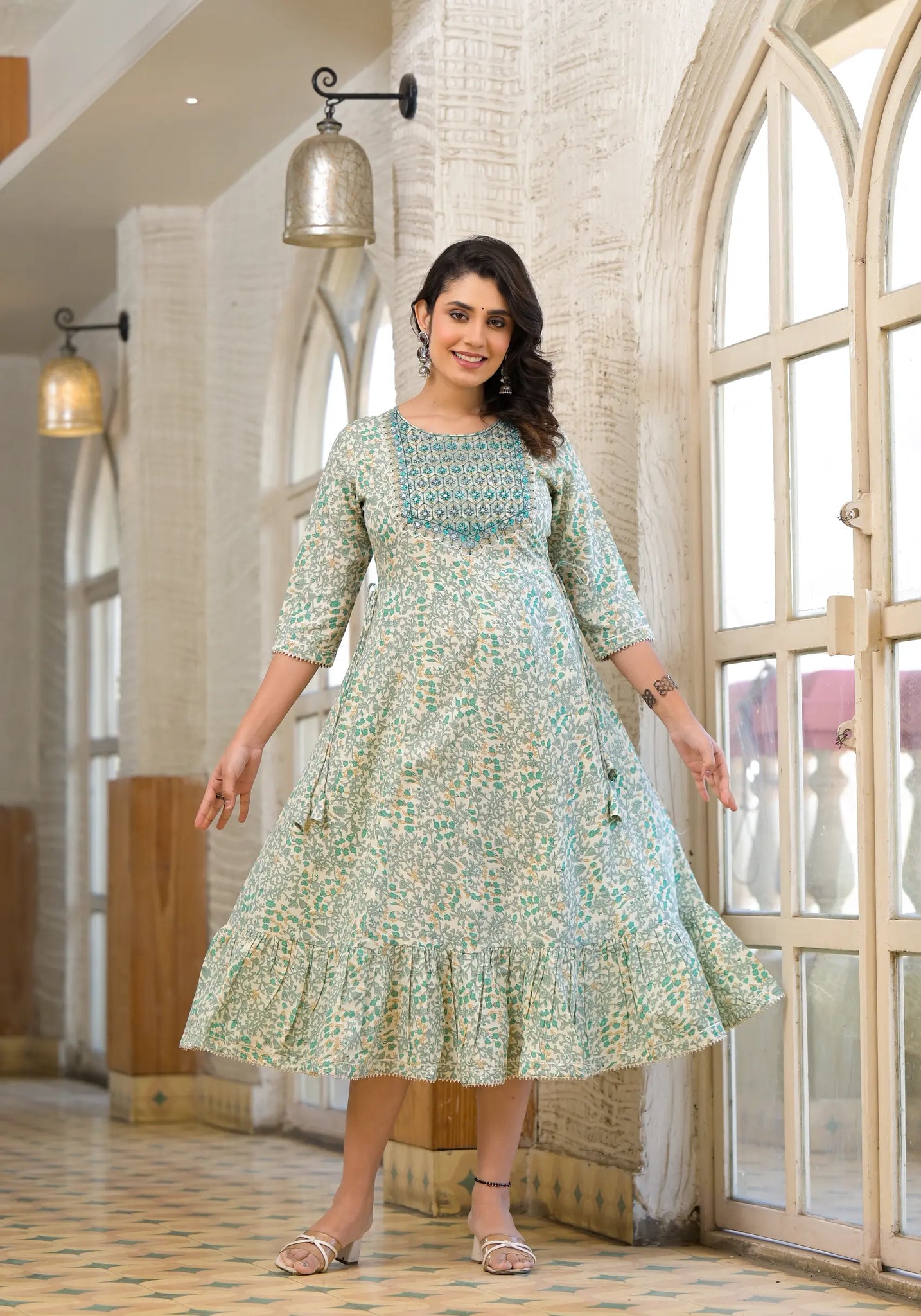 Light Green Knee Size Stylish Printed Gown