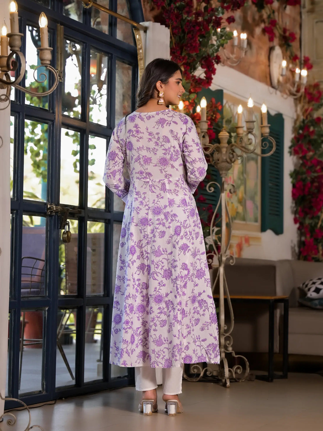 White Purple Printed Embroidered Luxury Anarkali Set