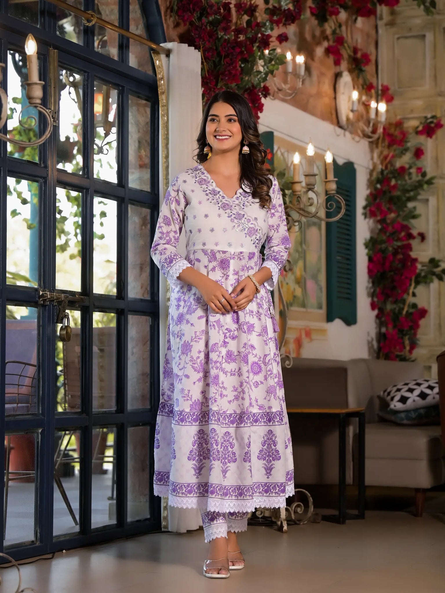 White Purple Printed Embroidered Luxury Anarkali Set