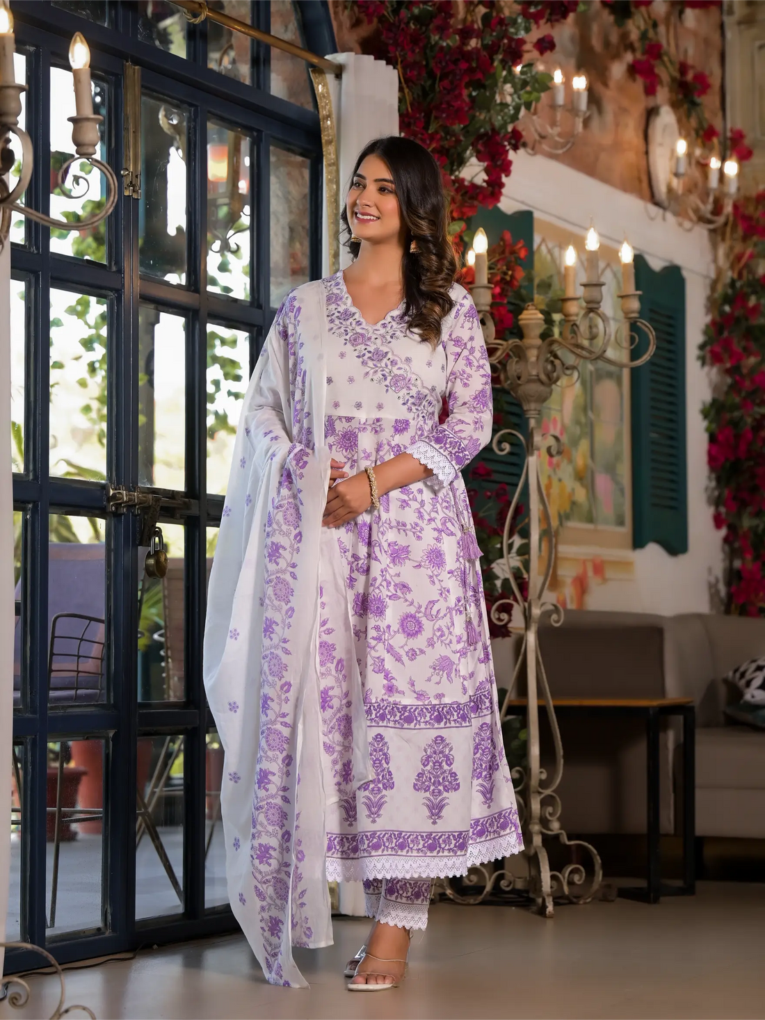 White Purple Printed Embroidered Luxury Anarkali Set