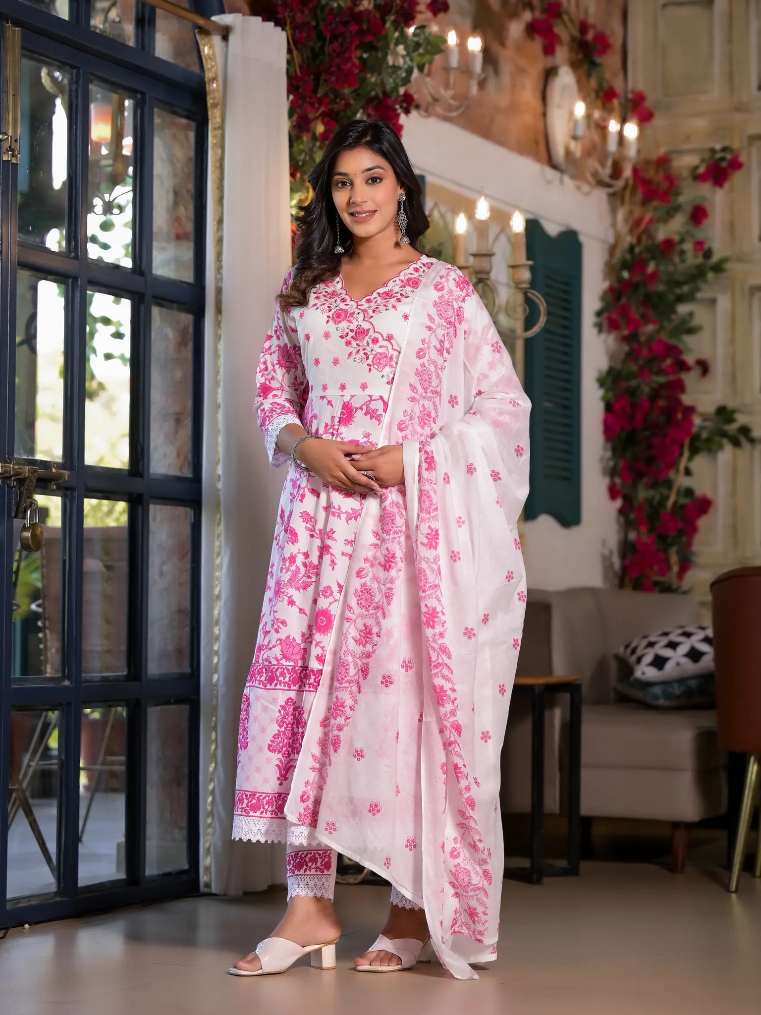 White Pink Printed Embroidered Luxury Anarkali Set