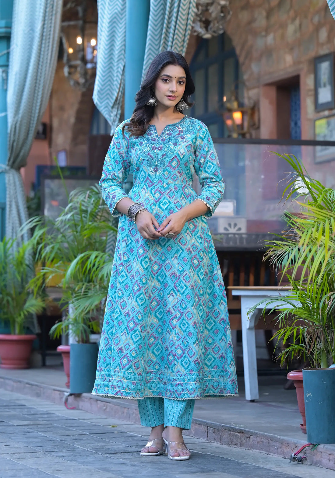 Sky Blue Diamond Print Russian Silk Anarkali Set