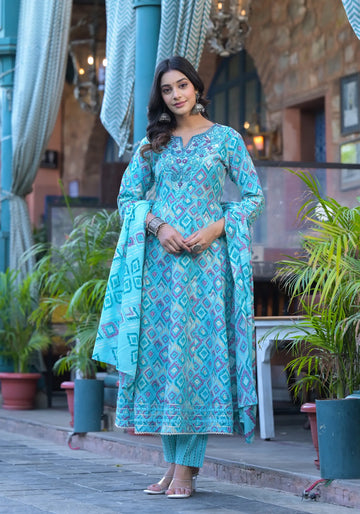 Sky Blue Diamond Print Russian Silk Anarkali Set