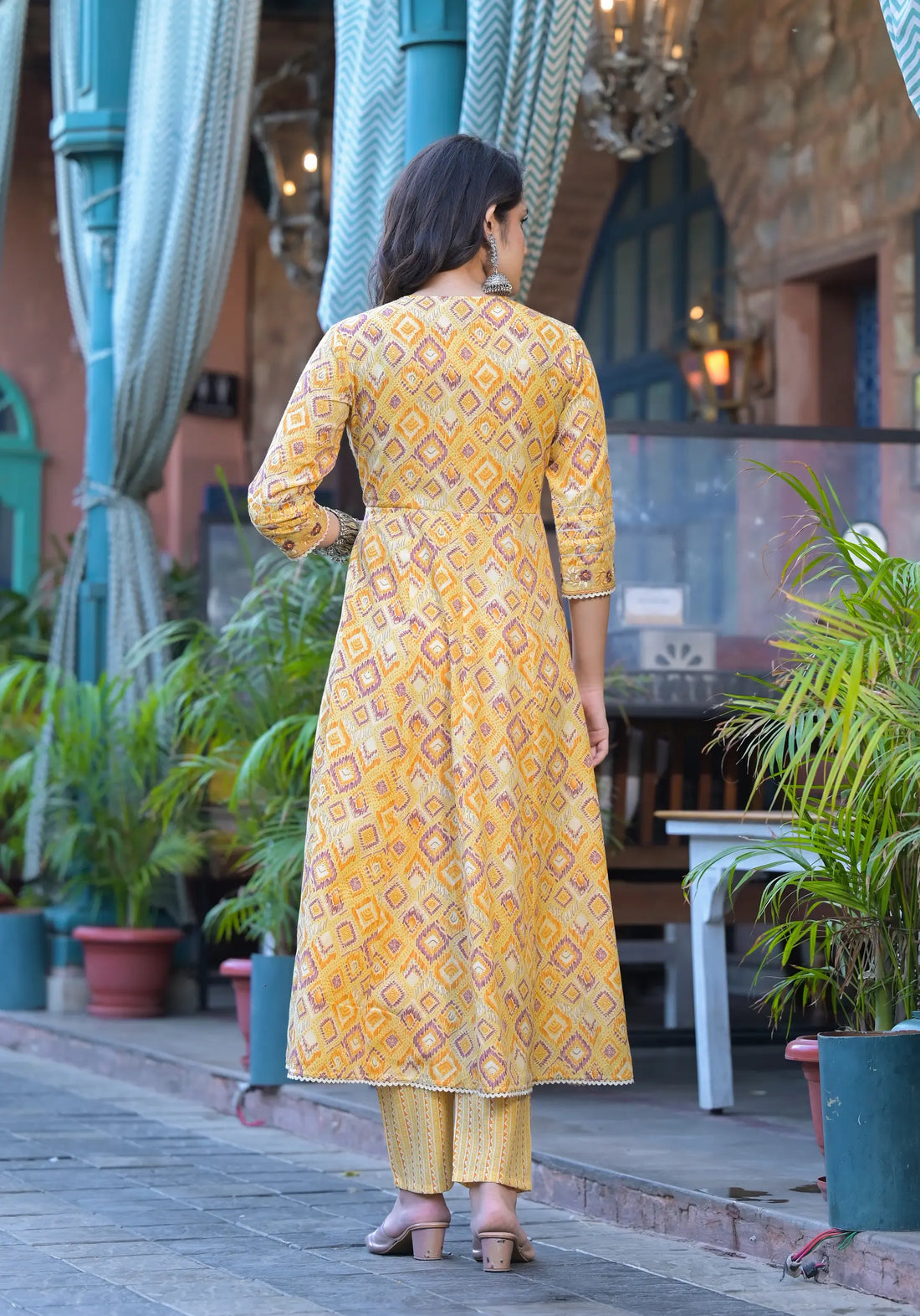 Yellow Diamond Print Russian Silk Anarkali Set