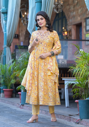 Yellow Diamond Print Russian Silk Anarkali Set