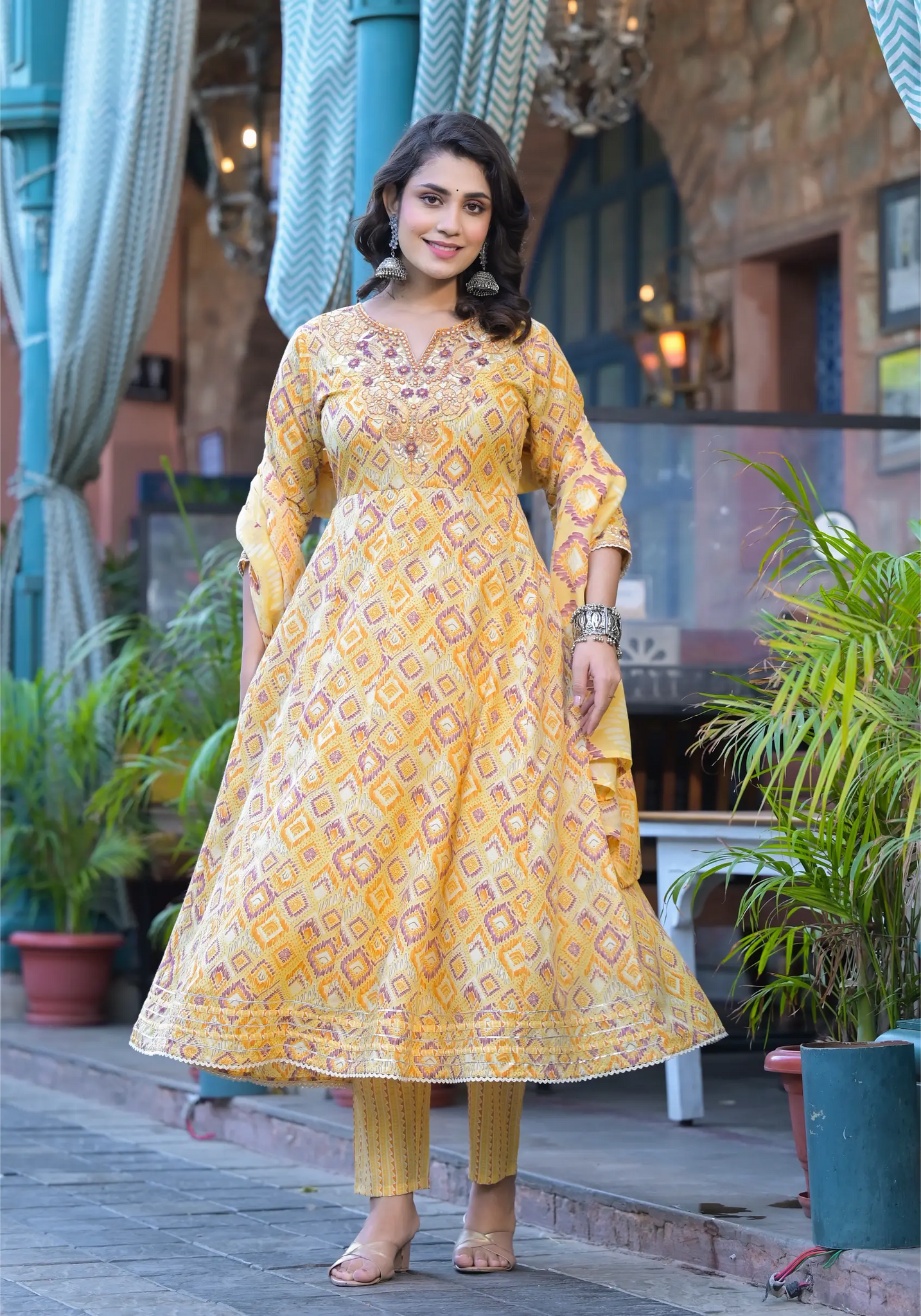 Yellow Diamond Print Russian Silk Anarkali Set