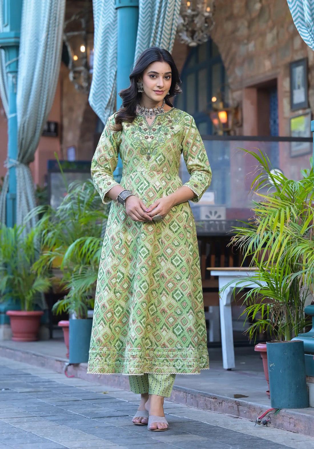 Green Diamond Print Russian Silk Anarkali Set