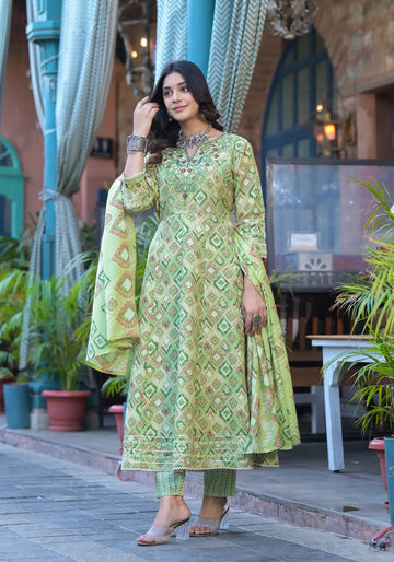 Green Diamond Print Russian Silk Anarkali Set