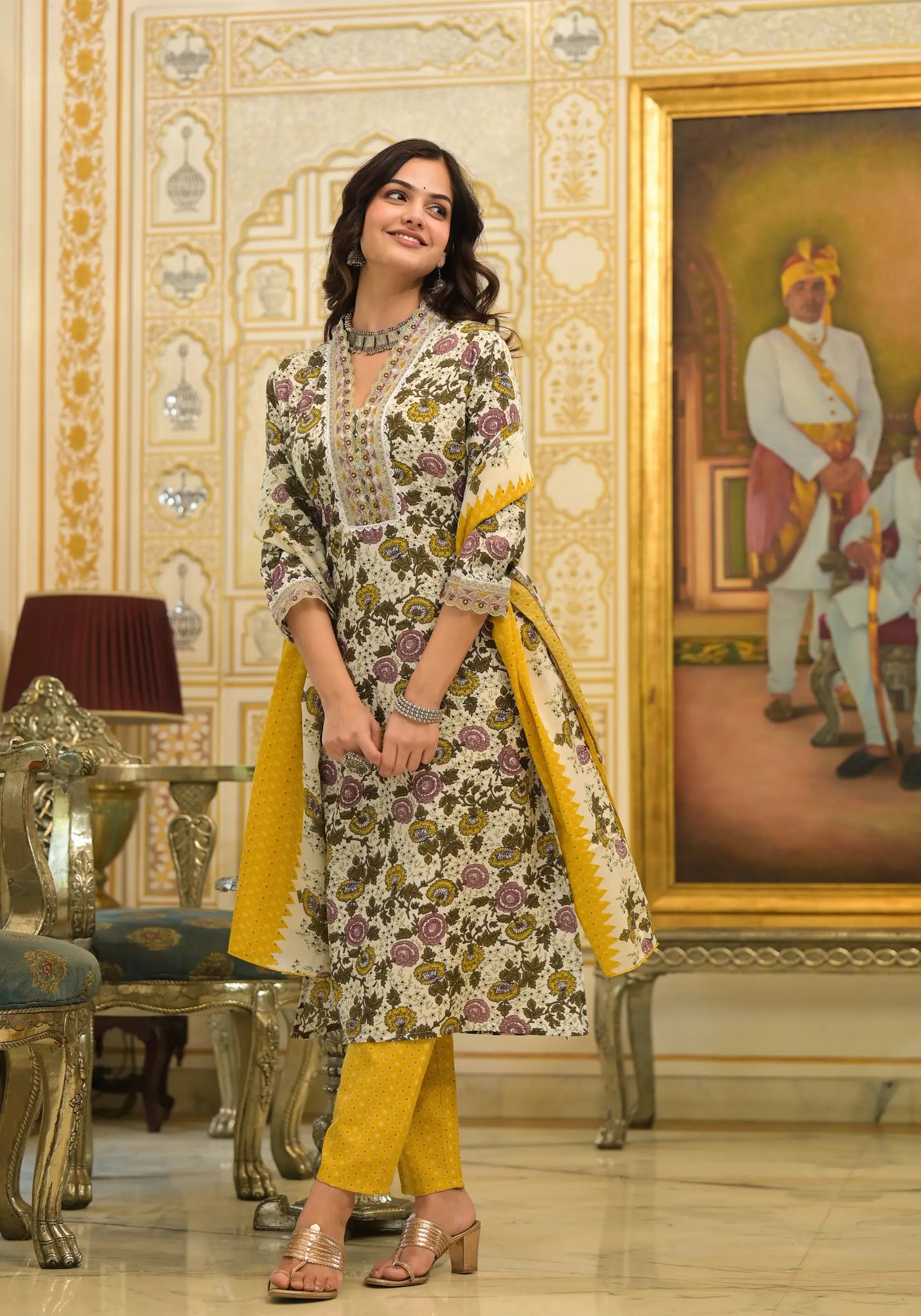 Yellow Flower Printed Straight Kurta Set with Dupatta