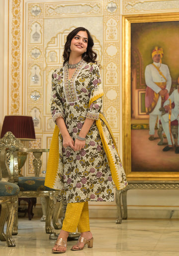 Yellow Flower Printed Straight Kurta Set with Dupatta