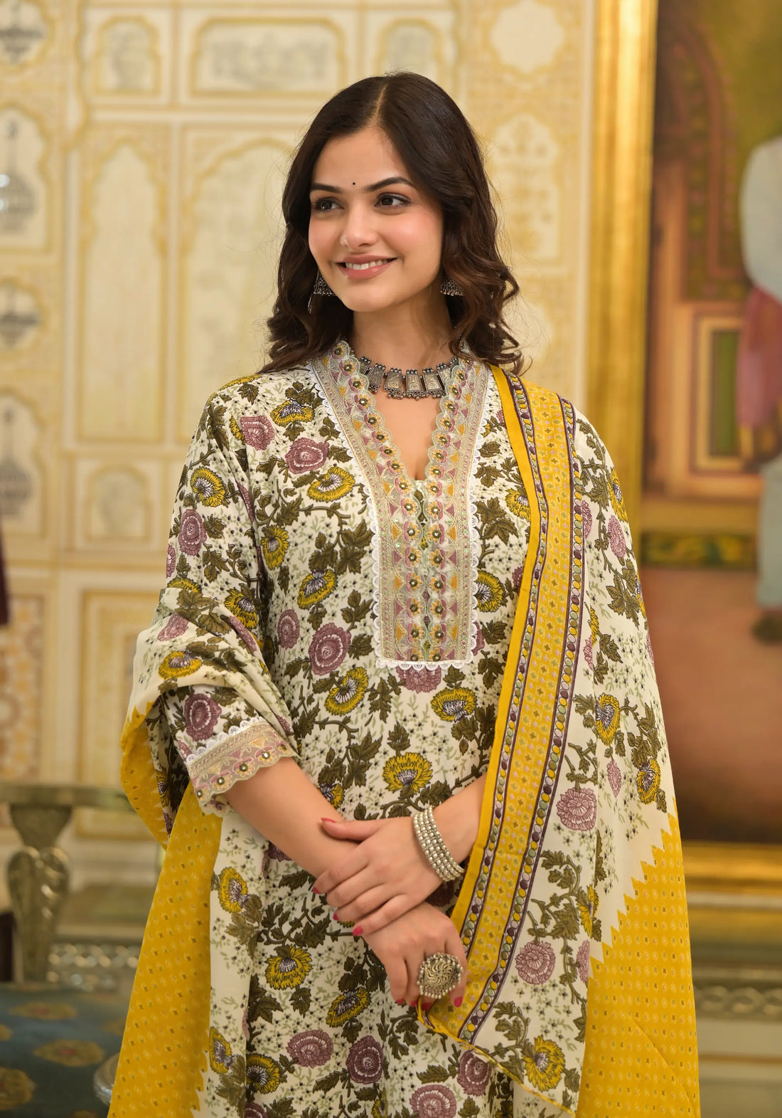 Yellow Flower Printed Straight Kurta Set with Dupatta