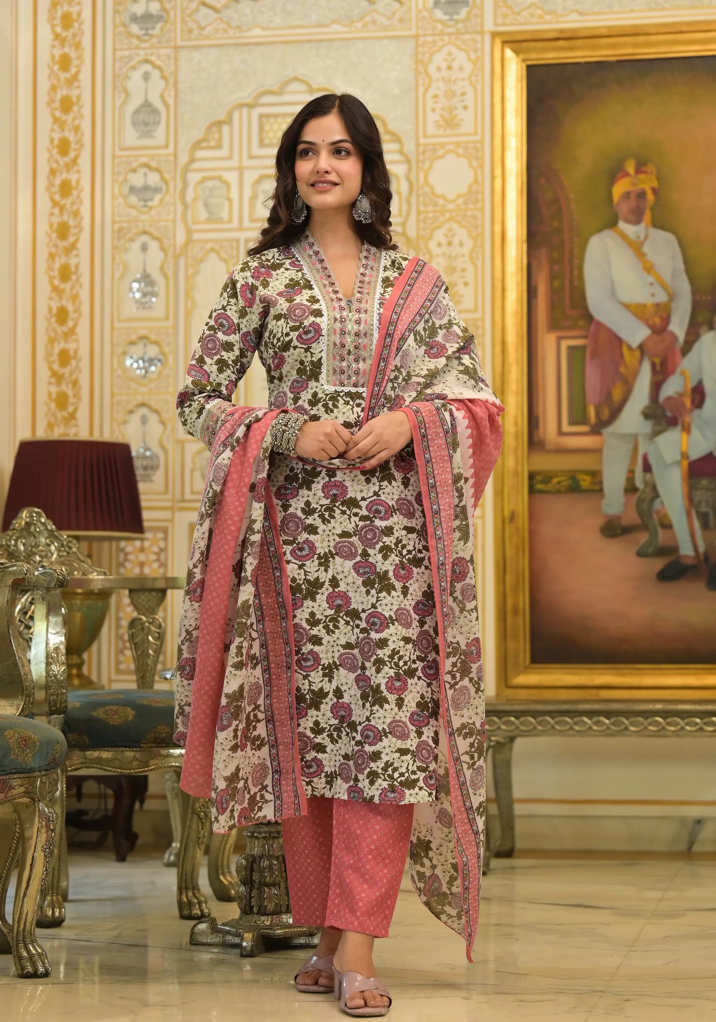 Cyan Flower Printed Straight Kurta Set with Dupatta